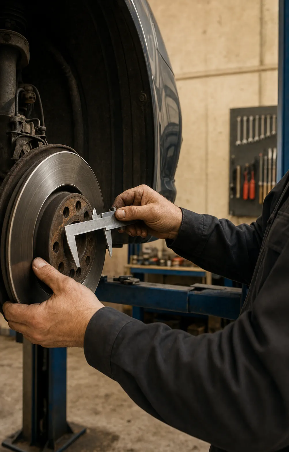 Anonymous mechanic checking a brake assembly with a measuring caliper