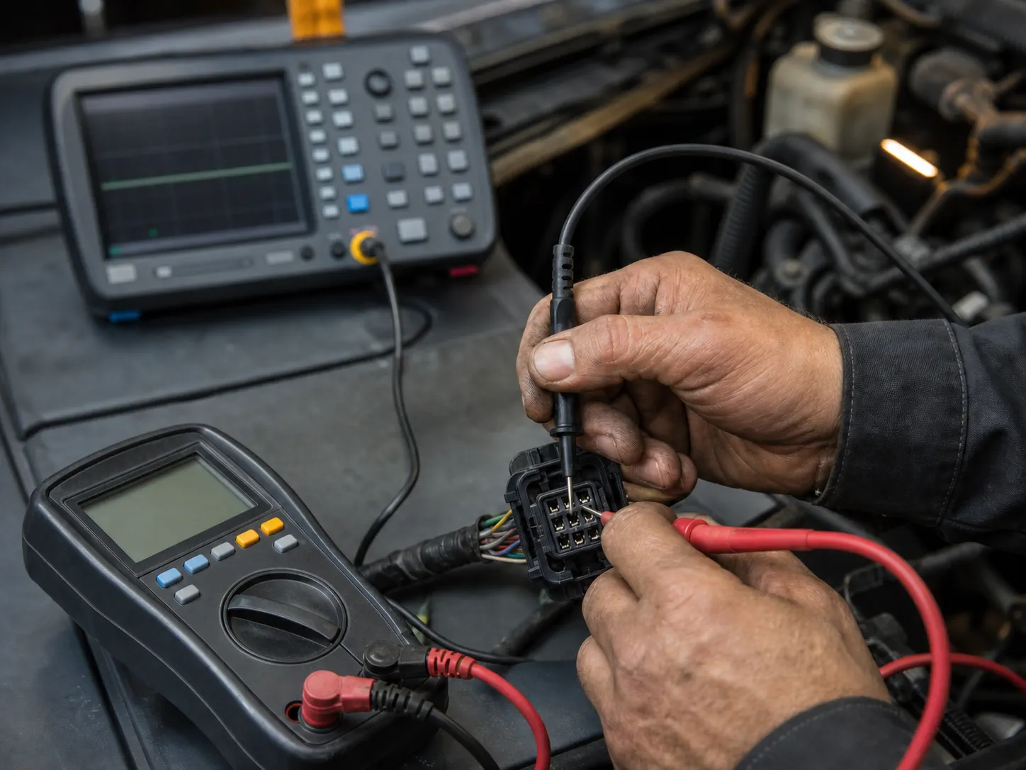Anonymous hands using unbranded test probes on a vehicle electrical connector